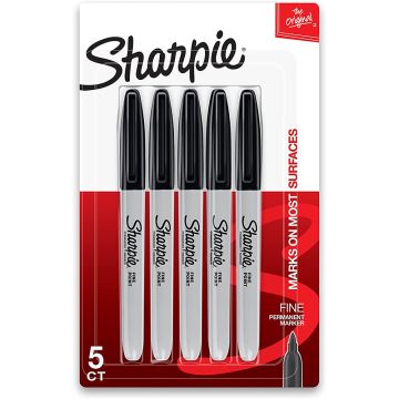 Sharpie Permanent Marker, Fine Point, Black, Pack of 5 - 2144916