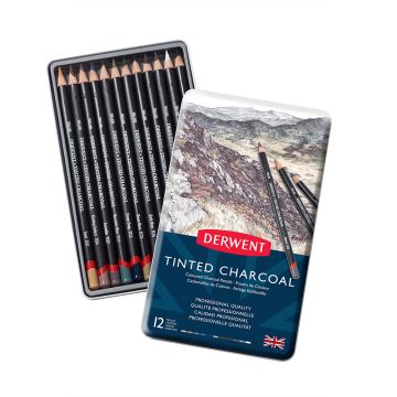 Derwent Tinted Charcoal Pencils, 4mm Core, Metal Tin, 12