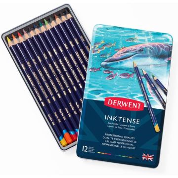 Derwent Inktense Pencils Tin, Set of 12, 4mm Round Core, Firm Texture, Watersoluble