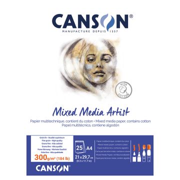 Canson Mixed Media Artist Pad, 300gsm, A4 Glued Pad,