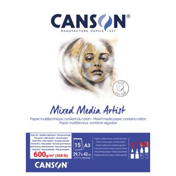 Canson Mixed Media Artist Pad, 600gsm, A3 Glued Pad,
