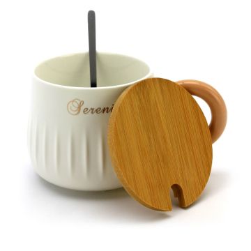 Ceramic Coffee or Tea Mug with Handle, Lid and  with Spoon - "Sevenity" Beigh