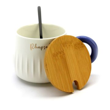Ceramic Coffee or Tea Mug with Handle, Lid and  with Spoon - "Rhapsody" Blue