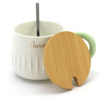Ceramic Coffee or Tea Mug with Handle, Lid and  with Spoon - "Aurora" Green