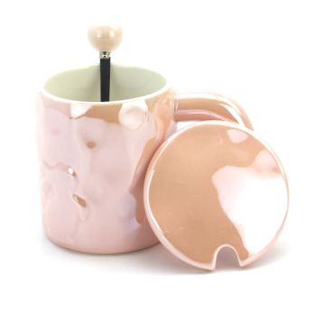 Ceramic Coffee or Tea Mug with Handle, Lid and  with Spoon - PINK
