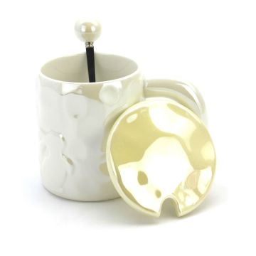 Ceramic Coffee or Tea Mug with Handle, Lid and  with Spoon - Pearl white