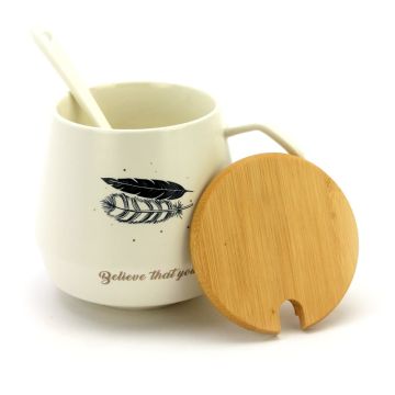 Ceramic Coffee or Tea Mug with Handle, Lid and  with Spoon - Belive that you