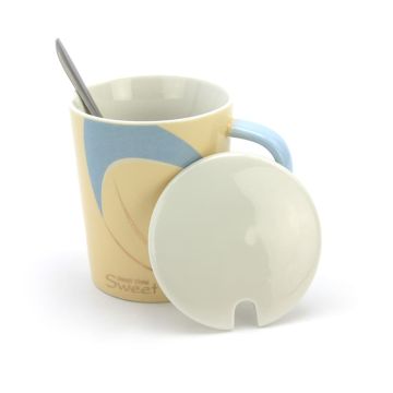 Ceramic Coffee or Tea Mug with Handle, Lid and  with Spoon - Sweet