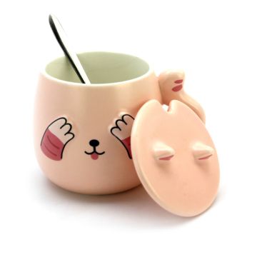 Cute Cat Ceramic Coffee or Tea Mug with Handle, Lid and  with Spoon - Pink