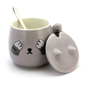 Cute Cat Ceramic Coffee or Tea Mug with Handle, Lid and  with Spoon - Purple