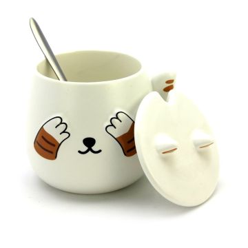 Cute Cat Ceramic Coffee or Tea Mug with Handle, Lid and  with Spoon - White