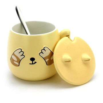 Cute Cat Ceramic Coffee or Tea Mug with Handle, Lid and  with Spoon - Yellow
