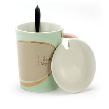 Ceramic Coffee or Tea Mug with Handle, Lid and  with Spoon - Like