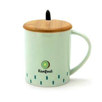 Fancy Ceramic Coffee or Tea Mug with Handle, Lid and  with Spoon - Kiwifruit