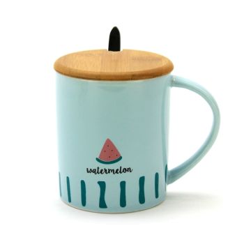 Fancy Ceramic Coffee or Tea Mug with Handle, Lid and  with Spoon - Watermelon
