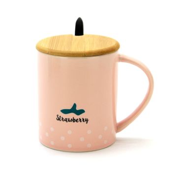Fancy Ceramic Coffee or Tea Mug with Handle, Lid and  with Spoon - Strawberry
