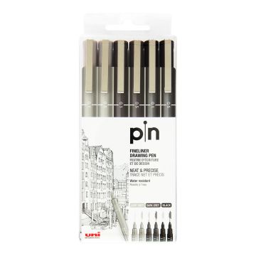 Uni Pin Fineliner Drawing Pen Set of 6 - Grey & Black