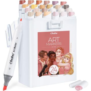 Ohuhu Kaala Slim Series, 24 Skin Tone Colors, Dual Tips (Slim Broad & Fine), Alcohol Art Marker