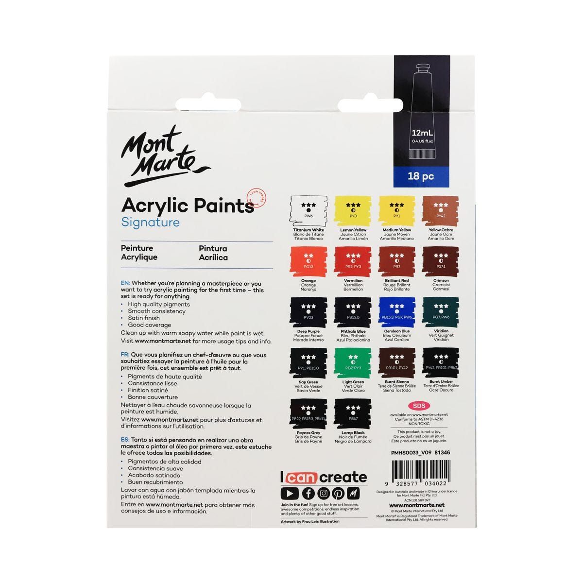 Mont Marte Acrylic Paints 18pc x 12ml